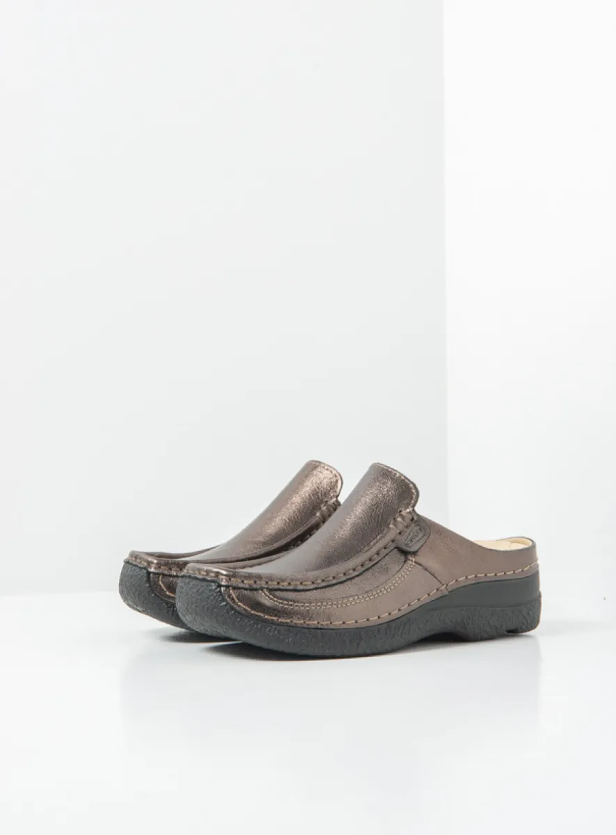 Wolky Roll Slide - lead metallic leather Arch support shoes for women