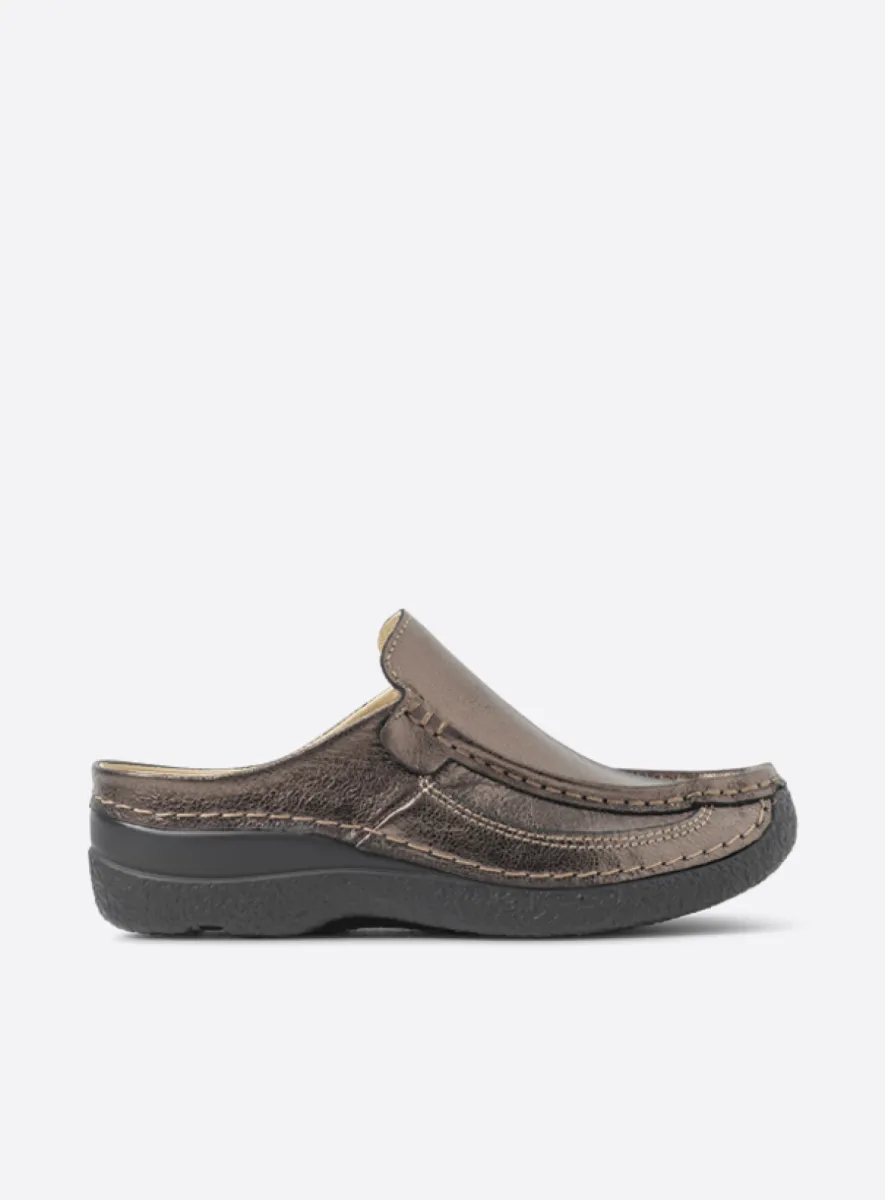 Wolky Roll Slide - lead metallic leather Arch support shoes for women