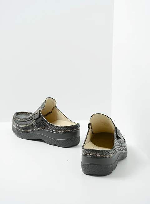 wolky comfort shoes 06202 roll slide 92305 dark brown snakeprint leather back