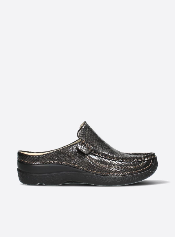 wolky comfort shoes 06202 roll slide 92305 dark brown snakeprint leather