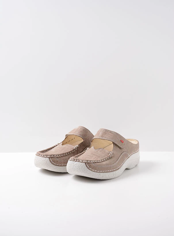 wolky comfort shoes 06227 roll slipper 14157 taupe letter nubuck front