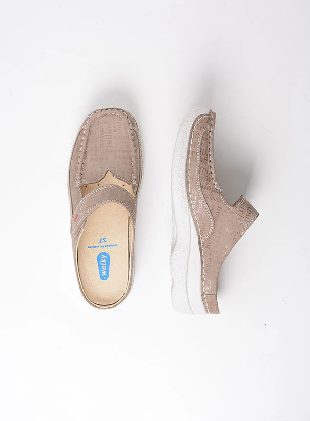 wolky comfort shoes 06227 roll slipper 14157 taupe letter nubuck top