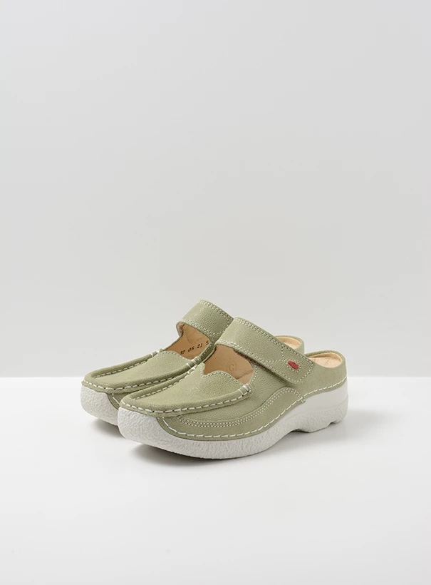wolky comfort shoes 06227 roll slipper 15706 light green nubuck front