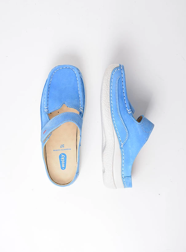 wolky comfort shoes 06227 roll slipper 16185 sky blue nubuck top