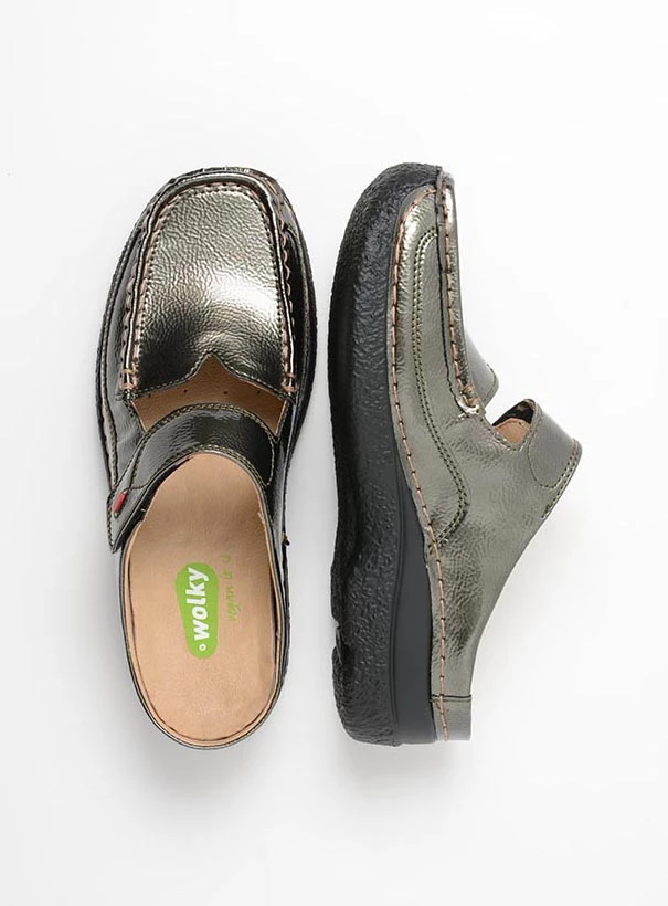 wolky comfort shoes 06232 roll slipper vegan 96700 greygreen vegan patent leather top